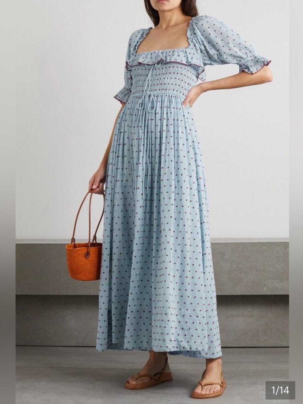 DOEN Sol Shirred Puff Sleeve Maxi Dress in Azure Swiss Dot NWT